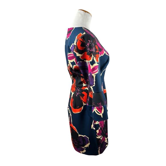 Trina Turk Navy Floral Work Wear Cocktail Belle Sleeve V Neck Dress 8 - Picture 8 of 9